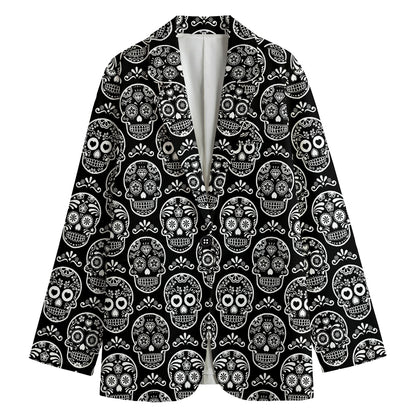 Black And White Calavera Skull Print Women's Blazer