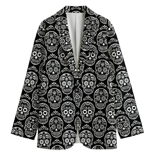 Black And White Calavera Skull Print Women's Blazer