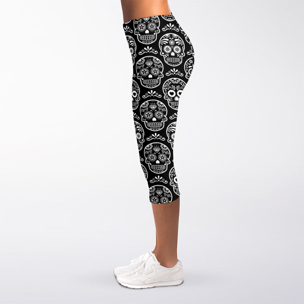 Black And White Calavera Skull Print Women's Capri Leggings