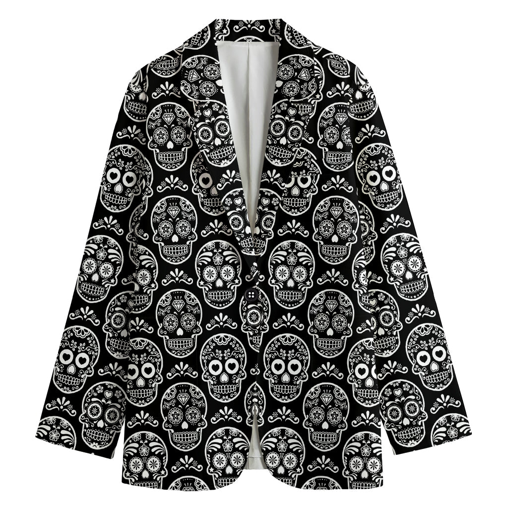 Black And White Calavera Skull Print Women's Cotton Blazer