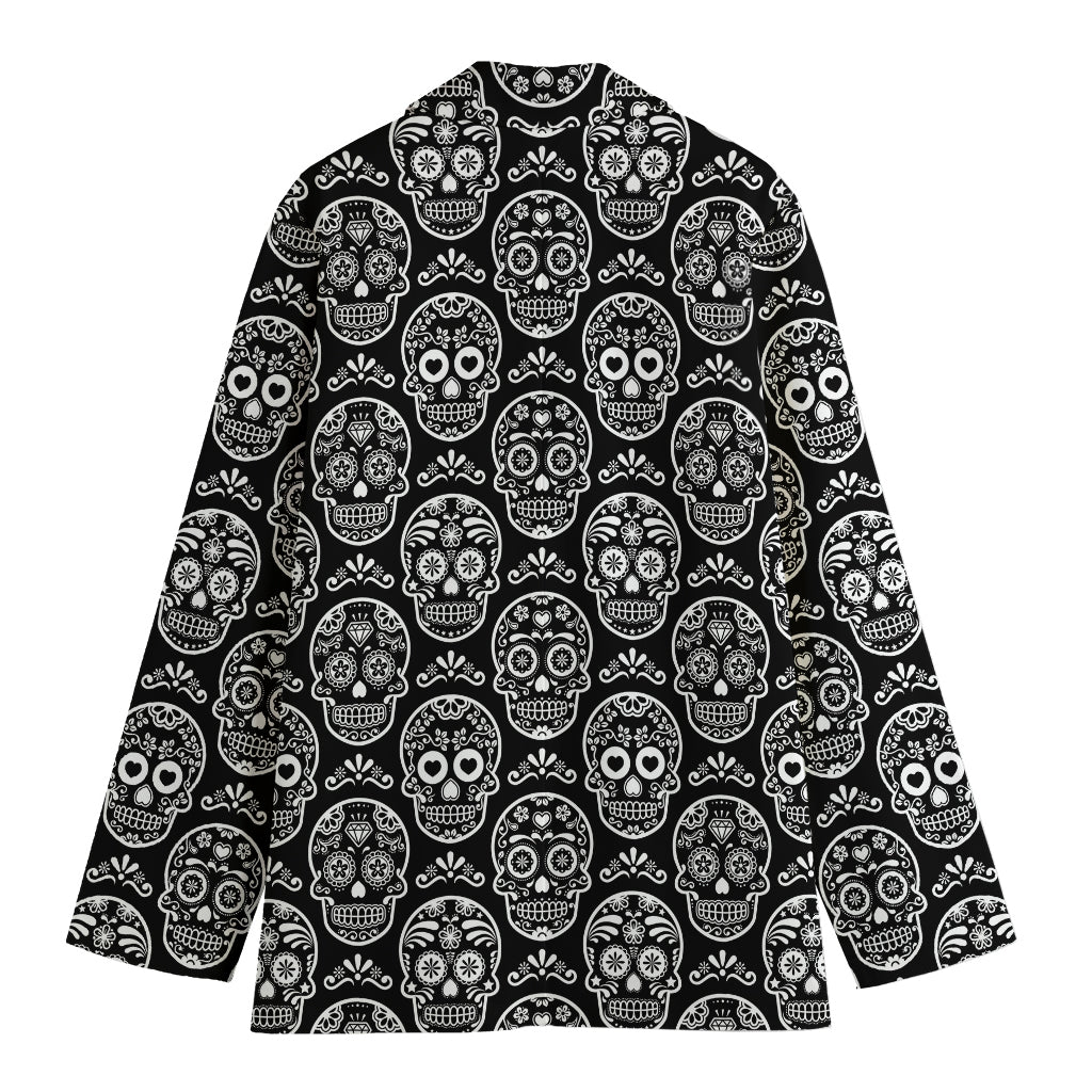 Black And White Calavera Skull Print Women's Cotton Blazer