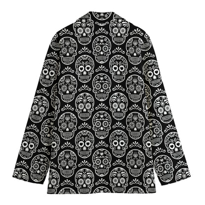 Black And White Calavera Skull Print Women's Cotton Blazer