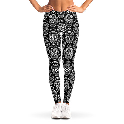 Black And White Calavera Skull Print Women's Leggings