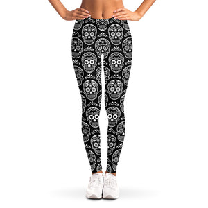 Black And White Calavera Skull Print Women's Leggings