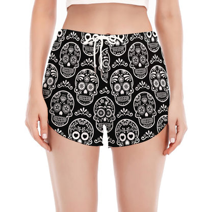 Black And White Calavera Skull Print Women's Split Running Shorts