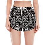 Black And White Calavera Skull Print Women's Split Running Shorts