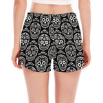 Black And White Calavera Skull Print Women's Split Running Shorts