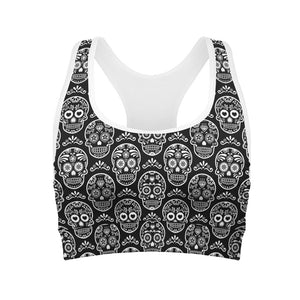 Black And White Calavera Skull Print Women's Sports Bra