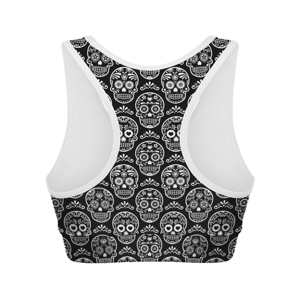 Black And White Calavera Skull Print Women's Sports Bra