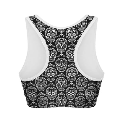 Black And White Calavera Skull Print Women's Sports Bra