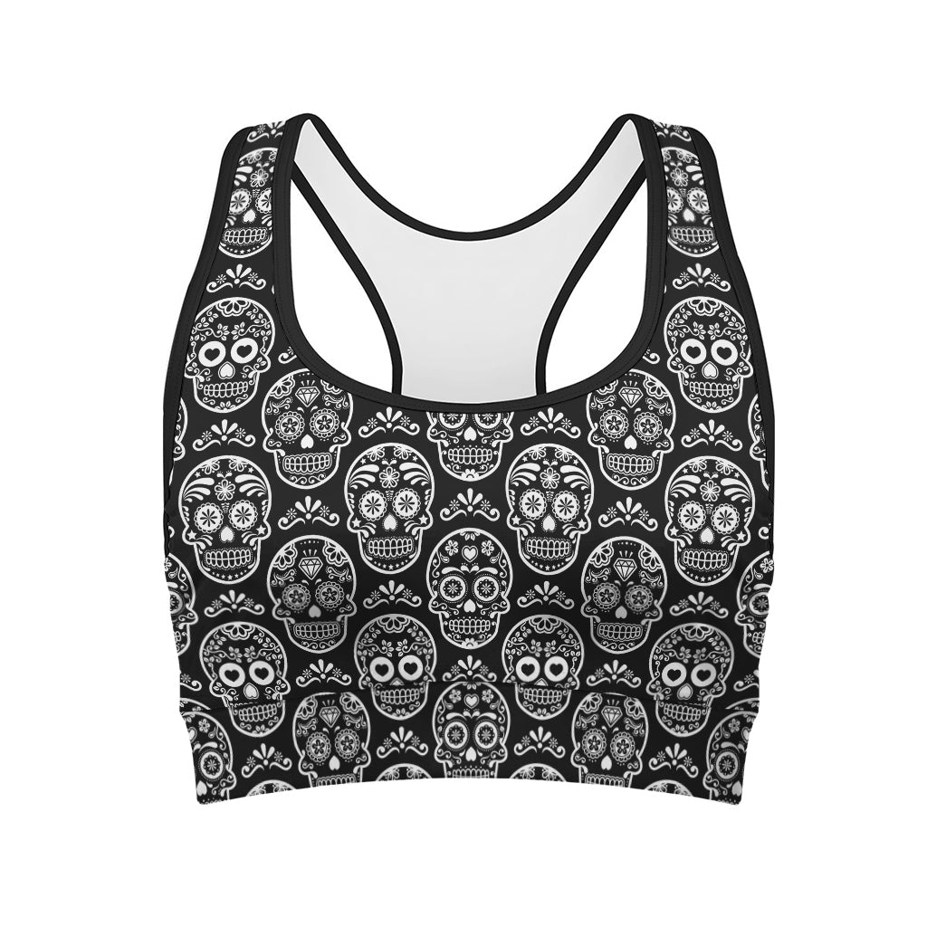 Black And White Calavera Skull Print Women's Sports Bra