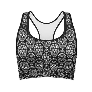 Black And White Calavera Skull Print Women's Sports Bra