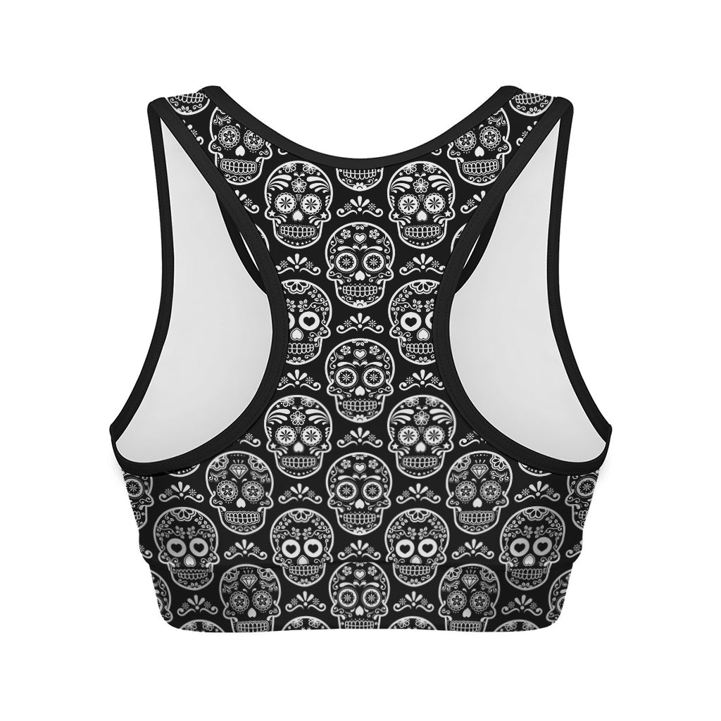 Black And White Calavera Skull Print Women's Sports Bra