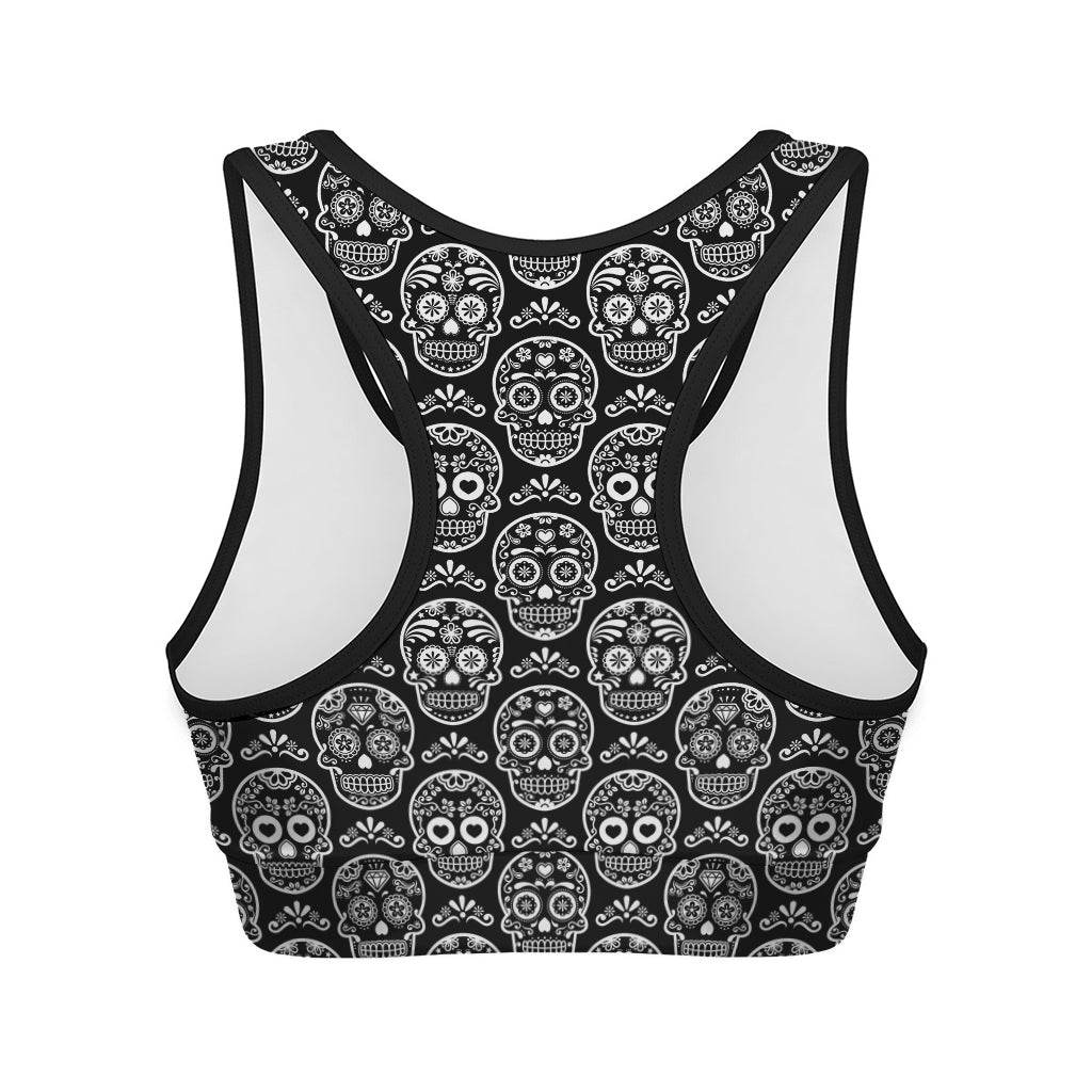 Black And White Calavera Skull Print Women's Sports Bra