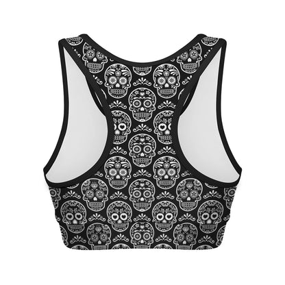 Black And White Calavera Skull Print Women's Sports Bra