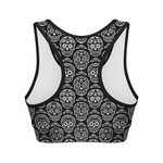 Black And White Calavera Skull Print Women's Sports Bra