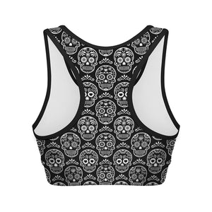 Black And White Calavera Skull Print Women's Sports Bra