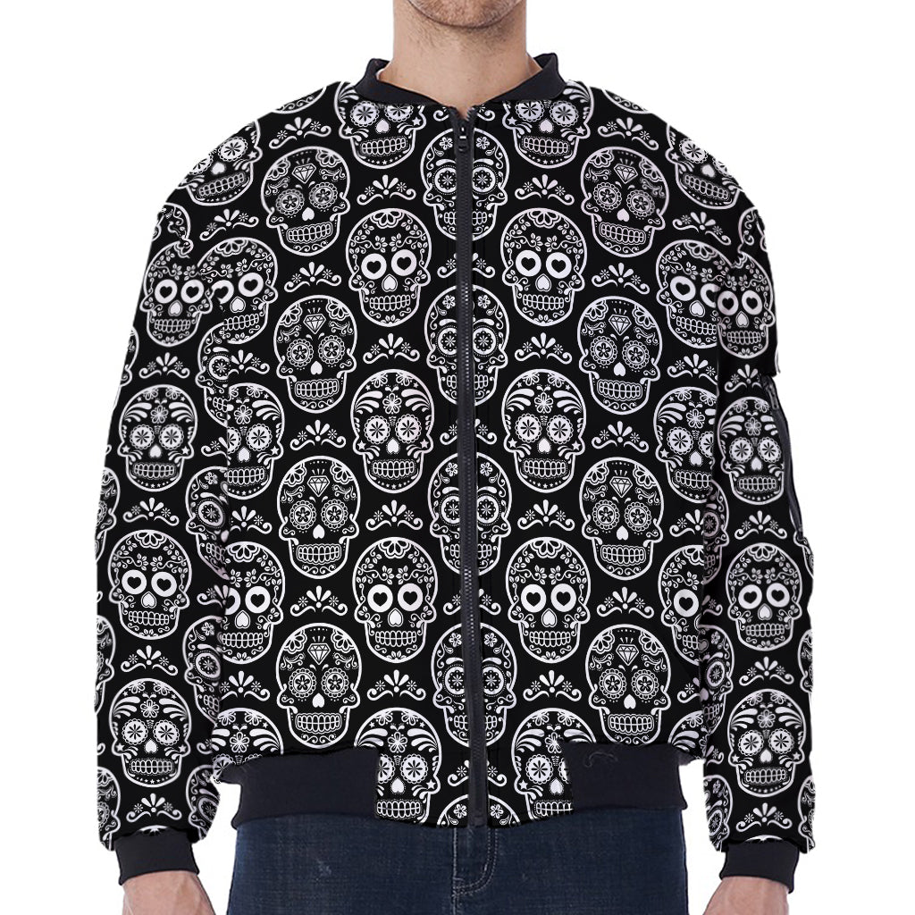 Black And White Calavera Skull Print Zip Sleeve Bomber Jacket