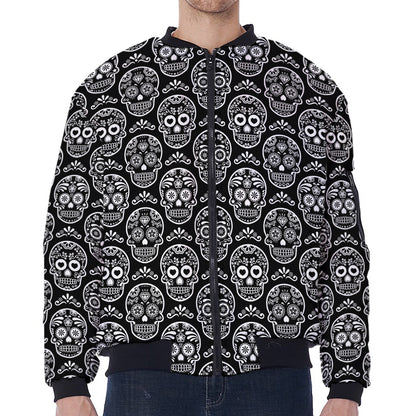 Black And White Calavera Skull Print Zip Sleeve Bomber Jacket