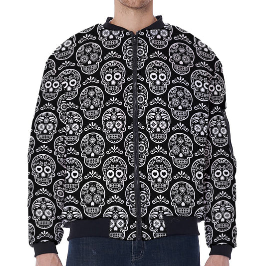 Black And White Calavera Skull Print Zip Sleeve Bomber Jacket