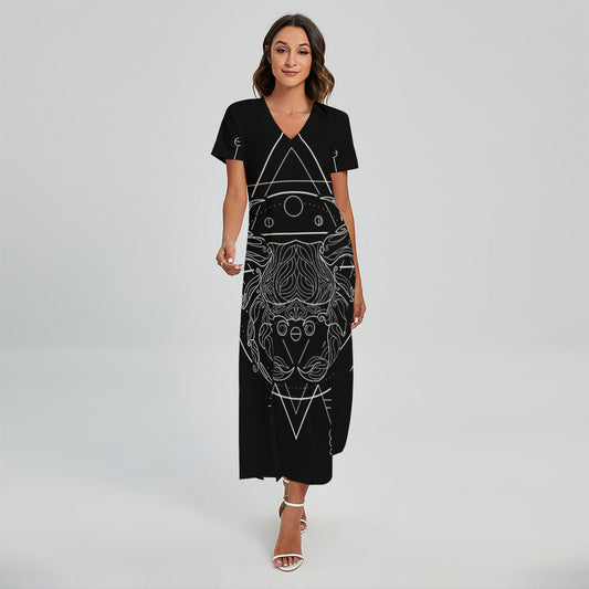 Black And White Cancer Sign Print Short Sleeve Maxi Dress