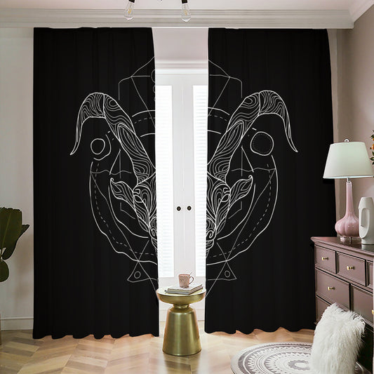 Black And White Capricorn Sign Print Blackout Pencil Pleat Curtains