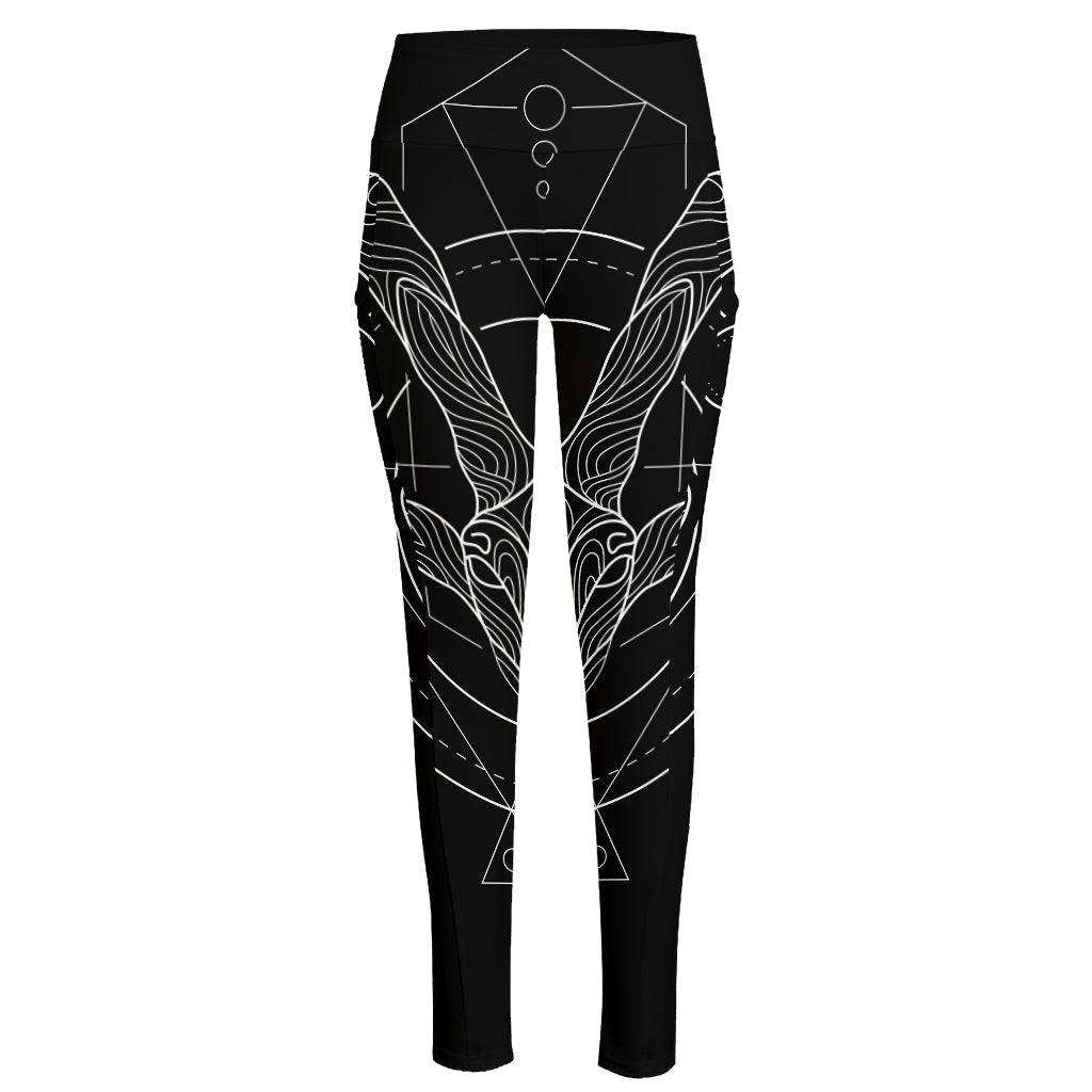 Black And White Capricorn Sign Print High-Waisted Pocket Leggings