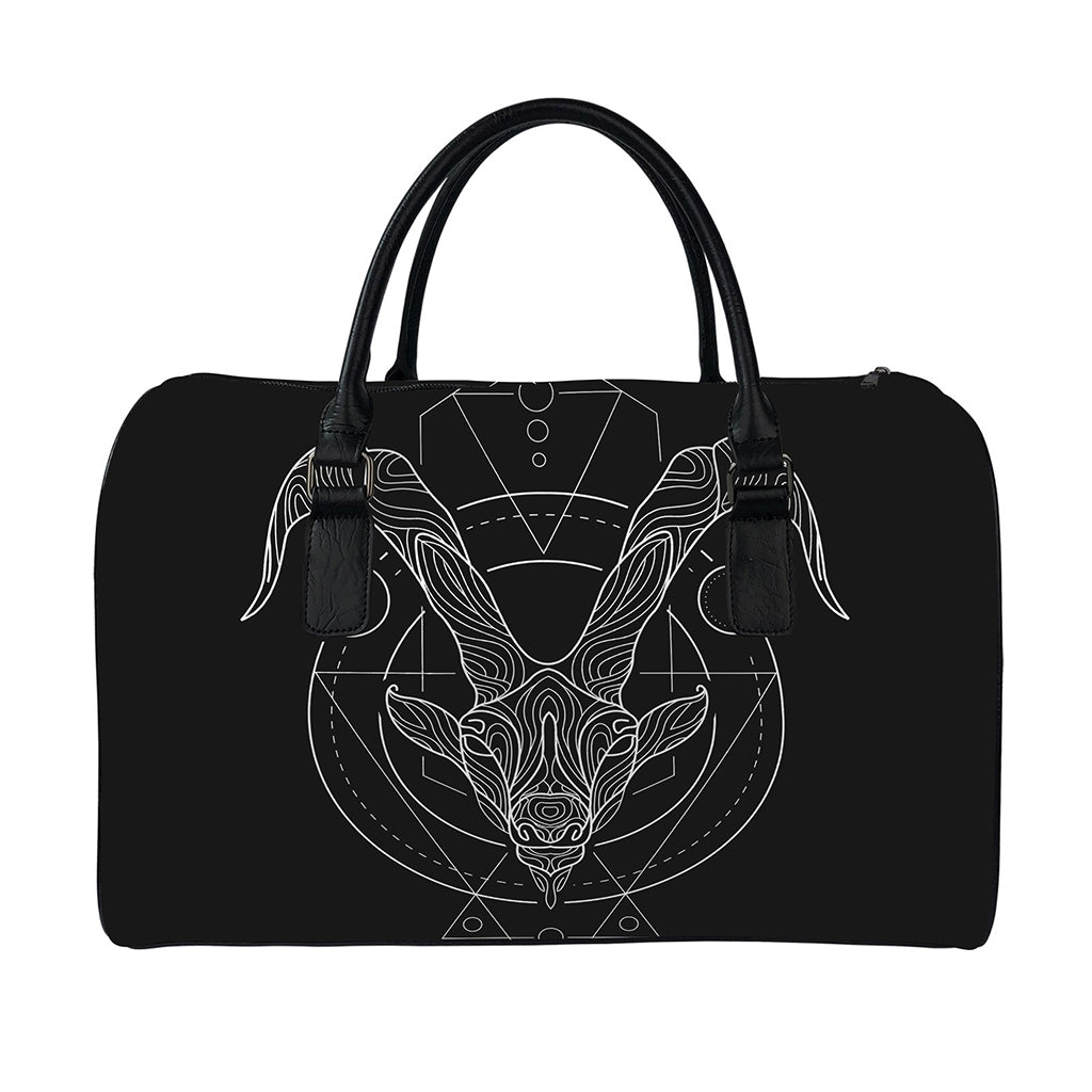 Black And White Capricorn Sign Print Leather Duffle Bag