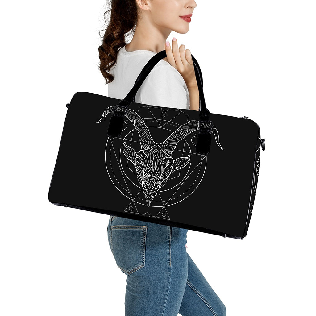Black And White Capricorn Sign Print Leather Duffle Bag