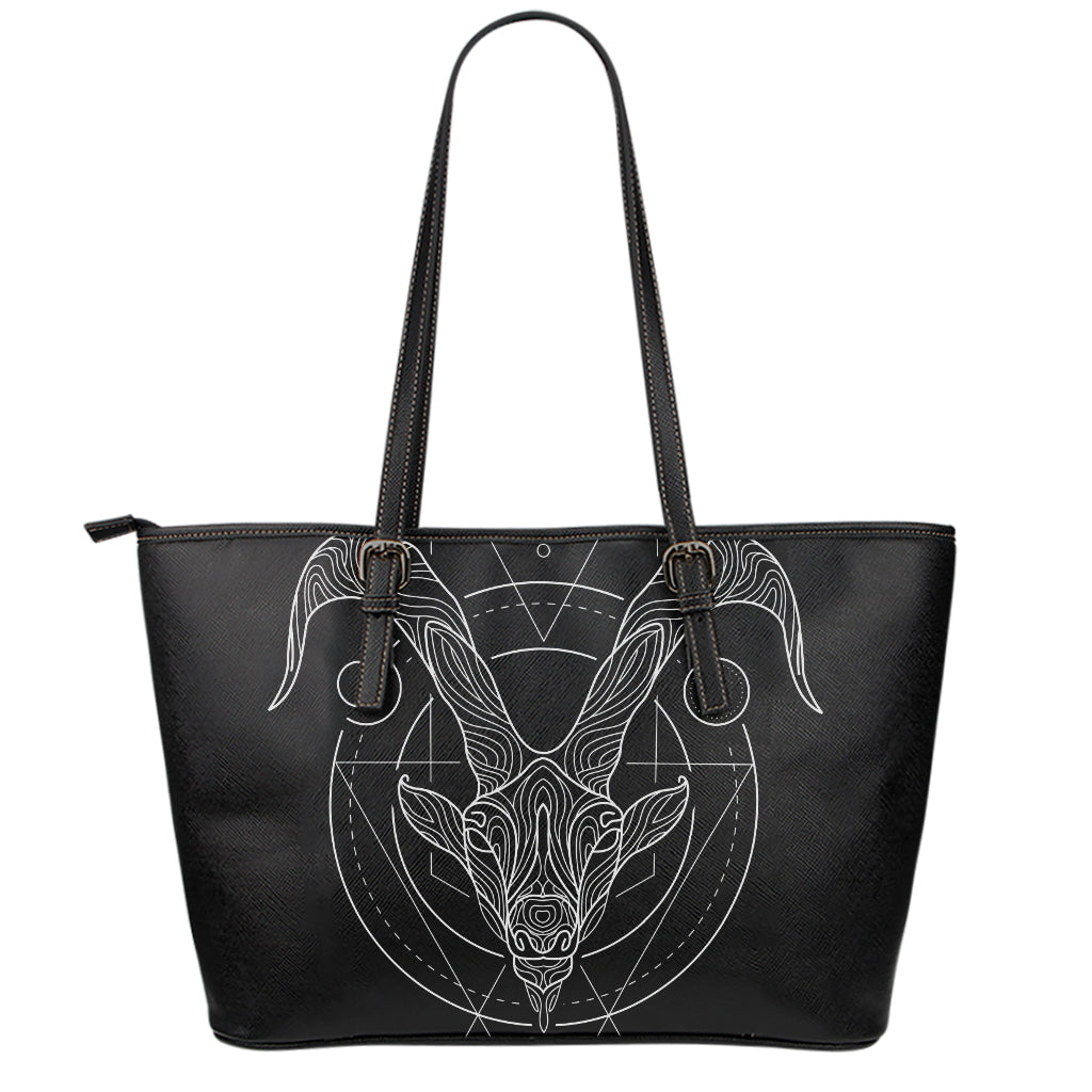 Black And White Capricorn Sign Print Leather Tote Bag