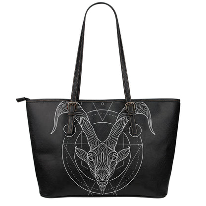 Black And White Capricorn Sign Print Leather Tote Bag