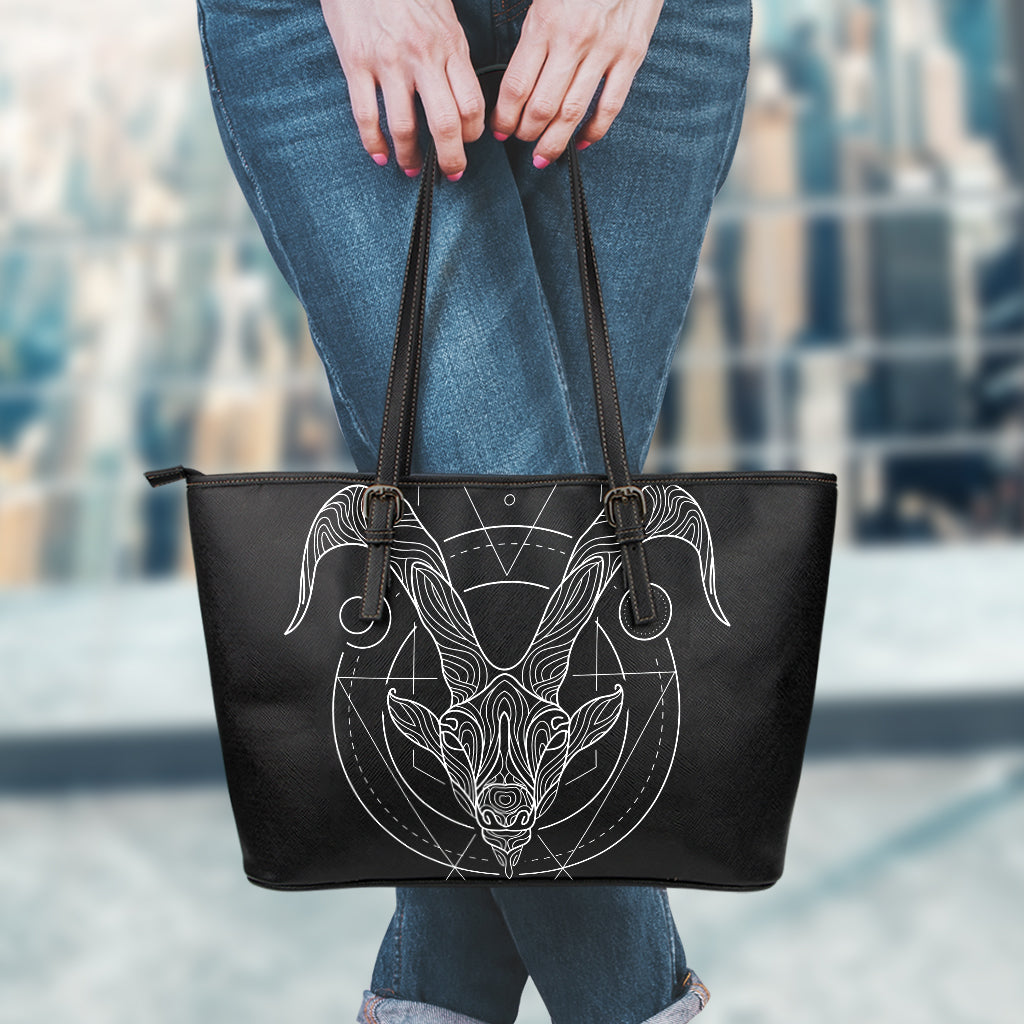 Black And White Capricorn Sign Print Leather Tote Bag