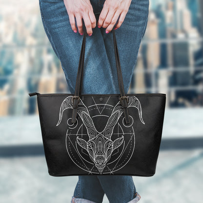 Black And White Capricorn Sign Print Leather Tote Bag