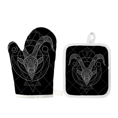 Black And White Capricorn Sign Print Oven Mitt And Pot Holder Set