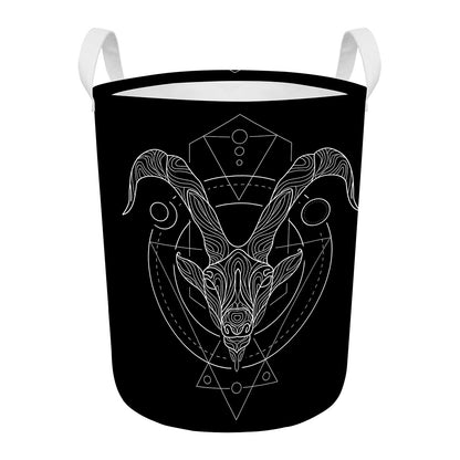 Black And White Capricorn Sign Print Round Laundry Basket