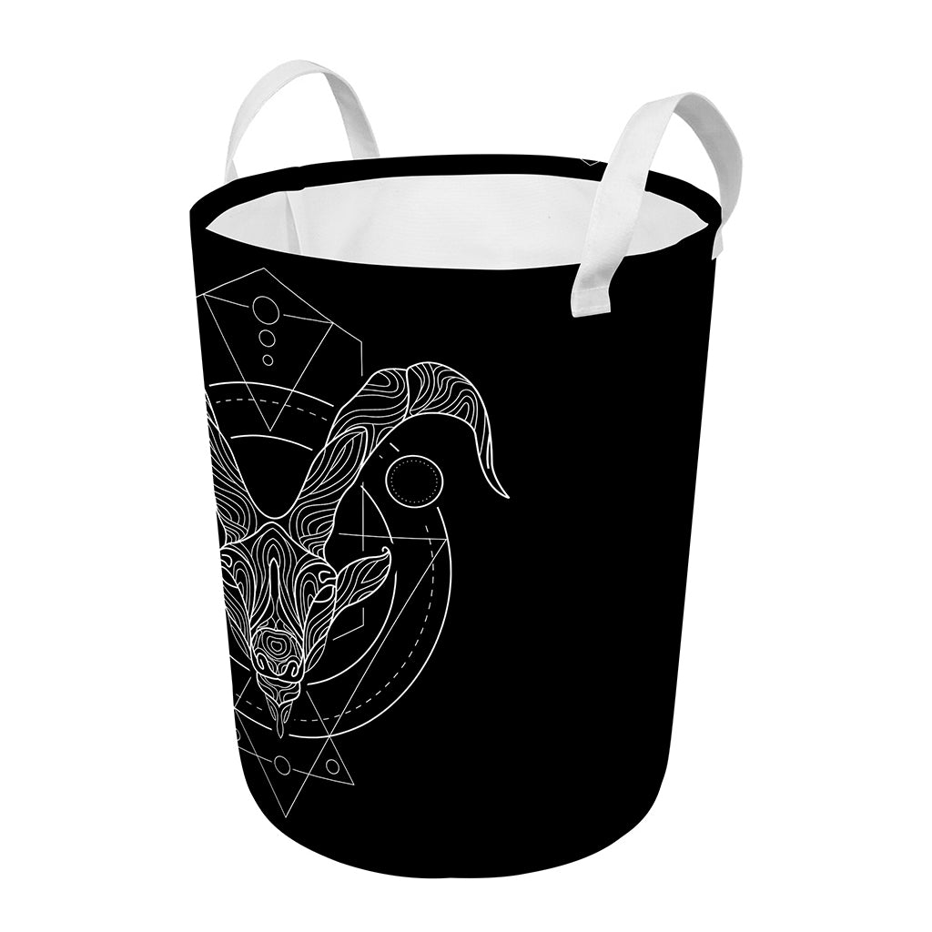 Black And White Capricorn Sign Print Round Laundry Basket