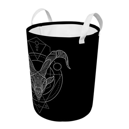 Black And White Capricorn Sign Print Round Laundry Basket
