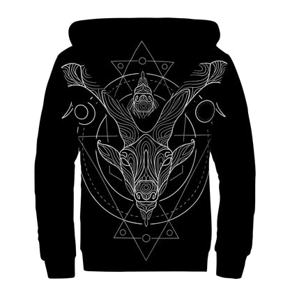 Black And White Capricorn Sign Print Sherpa Lined Zip Up Hoodie