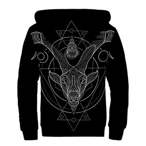 Black And White Capricorn Sign Print Sherpa Lined Zip Up Hoodie