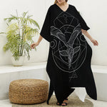 Black And White Capricorn Sign Print Silk V-Neck Kaftan Dress