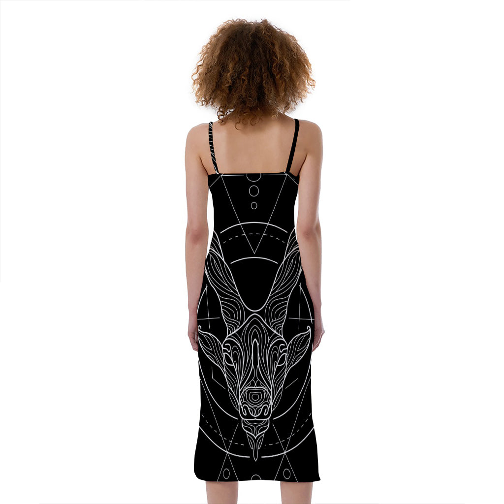 Black And White Capricorn Sign Print Slim Fit Midi Cami Dress