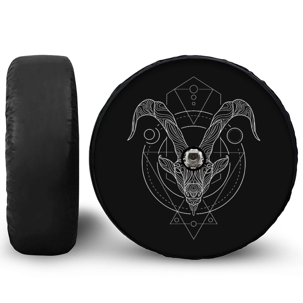 Black And White Capricorn Sign Print Tire Cover With Camera Hole