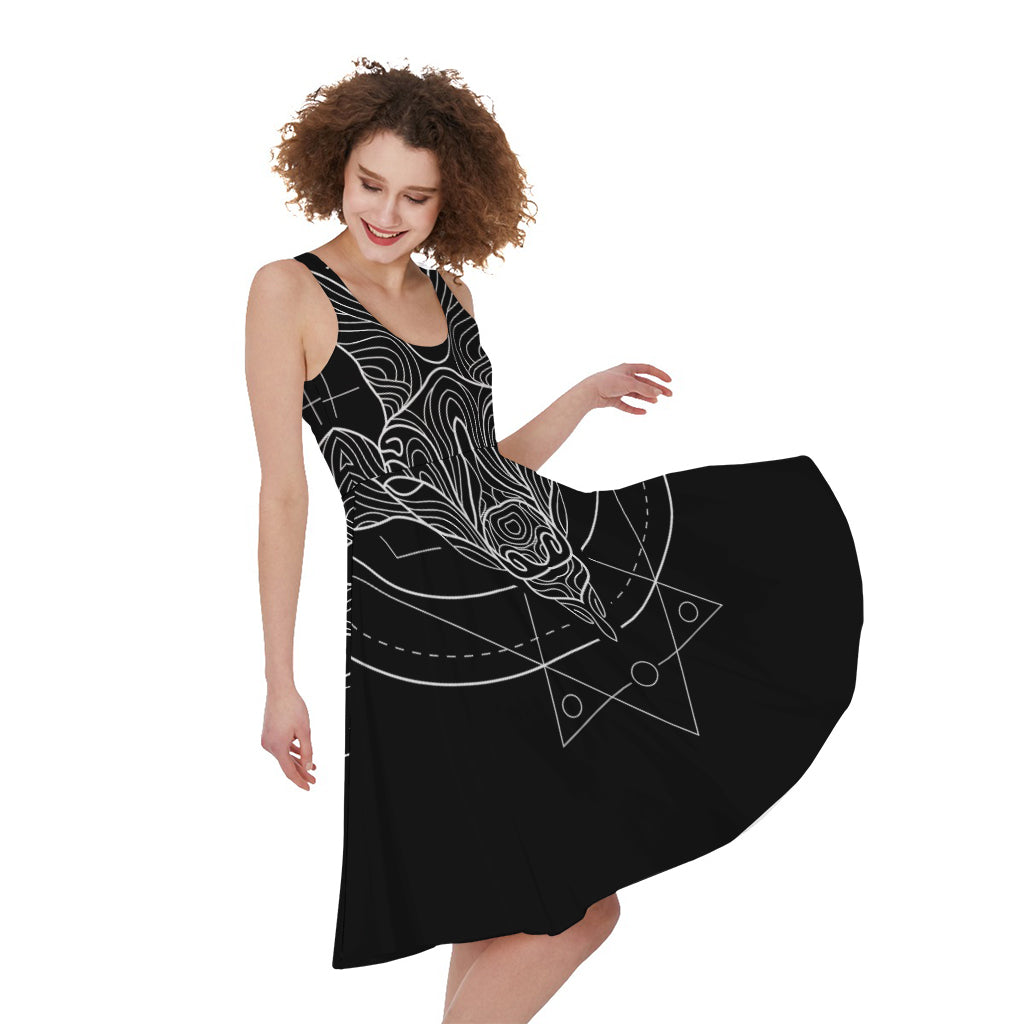 Black And White Capricorn Sign Print Women's Sleeveless Dress