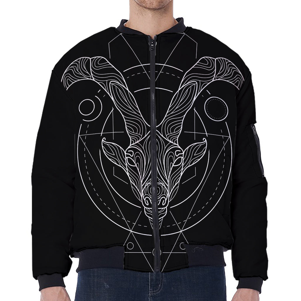 Black And White Capricorn Sign Print Zip Sleeve Bomber Jacket
