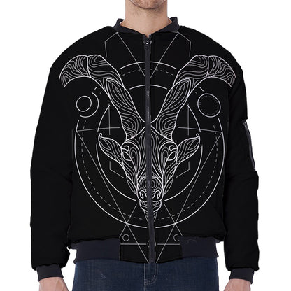 Black And White Capricorn Sign Print Zip Sleeve Bomber Jacket