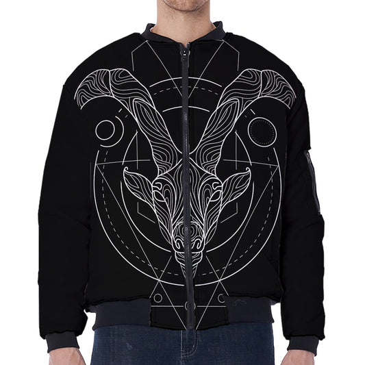 Black And White Capricorn Sign Print Zip Sleeve Bomber Jacket