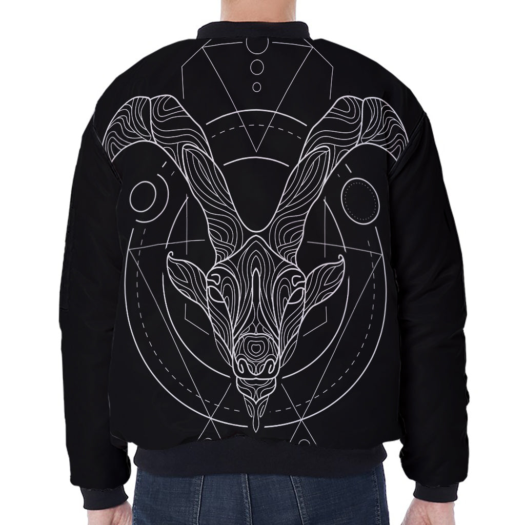 Black And White Capricorn Sign Print Zip Sleeve Bomber Jacket