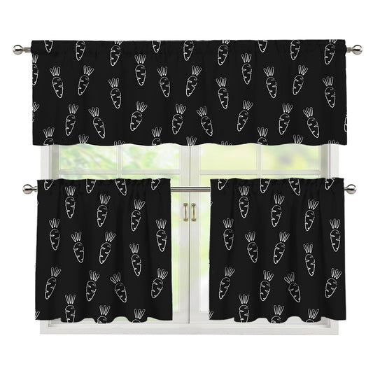 Black And White Carrot Pattern Print 3 Piece Kitchen Curtains