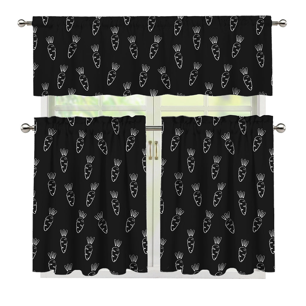 Black And White Carrot Pattern Print 3 Piece Kitchen Curtains
