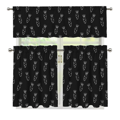 Black And White Carrot Pattern Print 3 Piece Kitchen Curtains